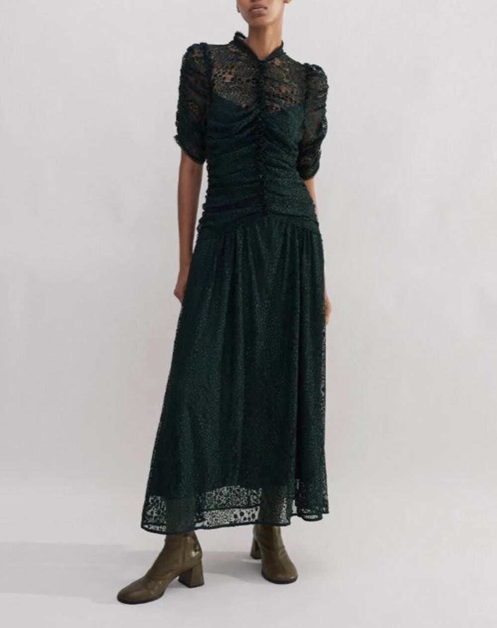 ME+EM Botanical Lace Ruched Maxi Dress - 4 Gabble Green